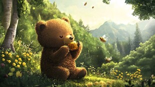 小熊林间享蜂蜜美好时刻