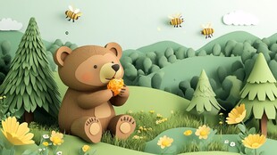 小熊在花丛中享用蜂蜜