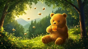 小熊林间享蜂蜜美好时刻