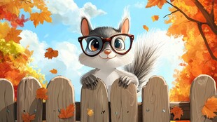 戴眼镜的松鼠眺望秋日风景