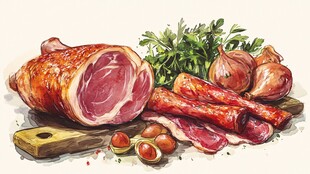 手绘美味肉类与配菜组合