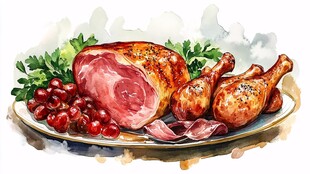 美味烤肉拼盘水彩绘