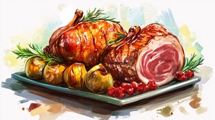 美味烤鸡与火腿拼盘