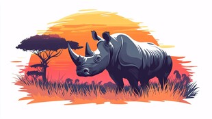夕阳下的犀牛与草原风光