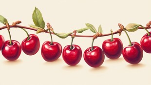 串起的鲜红樱桃与绿叶