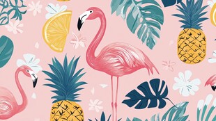 粉色火烈鸟与热带水果图案