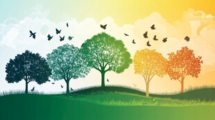 四季树木飞鸟的梦幻风景