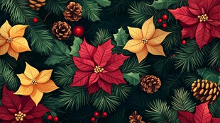 圣诞花卉松果装饰图案
