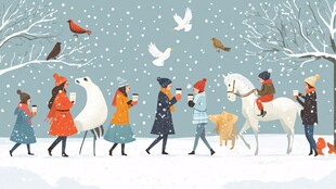 冬日雪中人与动物漫步图