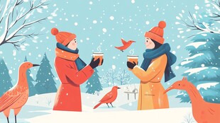 冬日雪景中两人温馨相聚