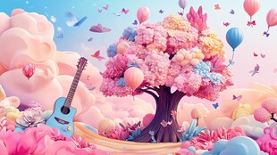 梦幻粉色树旁的浪漫吉他世界