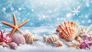 冬日雪境中的缤纷海贝壳