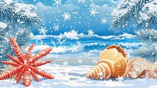 冬日海滩上的海星与贝壳