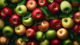 多彩苹果堆叠 绿叶相伴