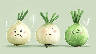 悲伤表情的三颗拟人化洋葱