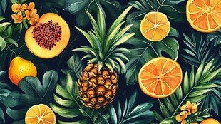 热带水果与绿植装饰图案