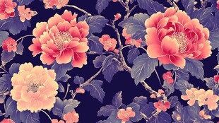 深蓝底艳丽花卉图案