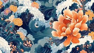 牡丹海浪国风图案设计