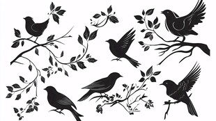 枝头飞鸟剪影素材