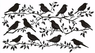 枝头群鸟剪影图案素材