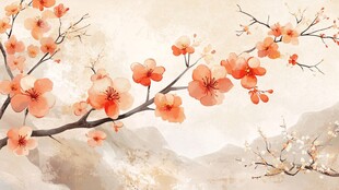 中式水墨风绽放的艳丽梅花