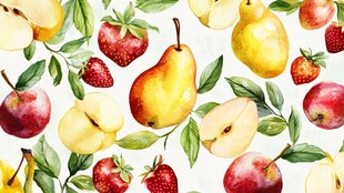 水彩风水果与绿叶图案