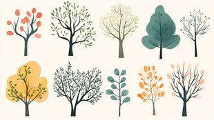 手绘多彩树木插画集合