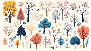 多彩秋季树木插画元素