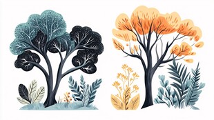 秋日双色树木植物插画