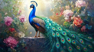 孔雀立于繁花间的美丽图景