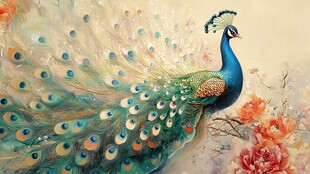 开屏孔雀与艳丽花卉