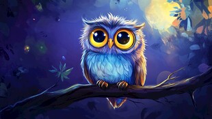 夜中萌态猫头鹰栖于枝