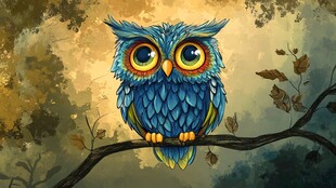 蓝色萌趣猫头鹰栖于枝头