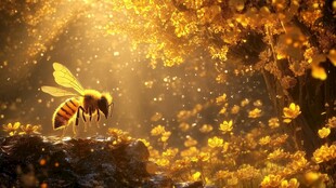 金色森林中的采蜜蜜蜂