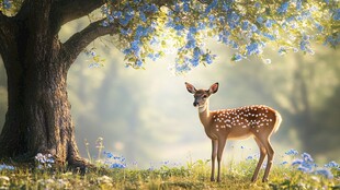 树下小鹿的梦幻自然场景