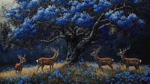 蓝花树下的优雅鹿群