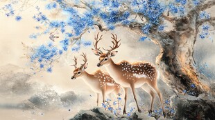 蓝花树下双鹿图