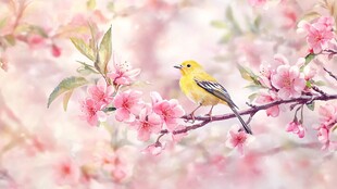 黄莺栖于烂漫花枝间