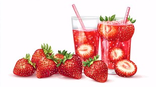 草莓饮品与鲜果插画