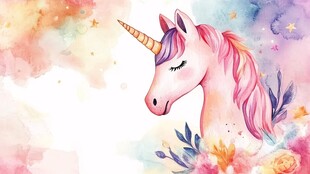 梦幻独角兽水彩花卉插画