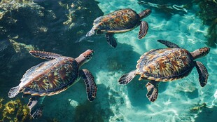 三只海龟畅游清澈海水