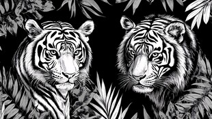 黑白双虎与繁茂植物图景