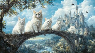 桥上白猫与梦幻城堡图景