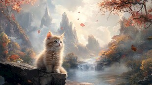 猫咪坐于山水间赏秋景