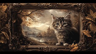 画框中的萌猫与自然风景