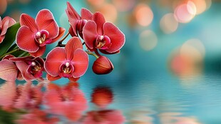 娇艳红兰映于波光之上