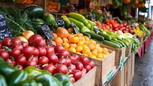 缤纷果蔬陈列于市场摊位