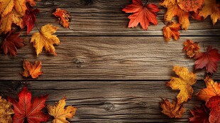 秋枫叶落于古朴木面