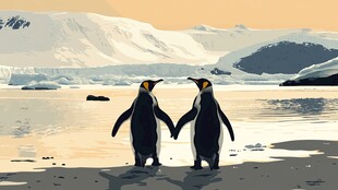 南极企鹅携手漫步冰雪间