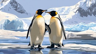 冰原上亲昵的两只帝企鹅